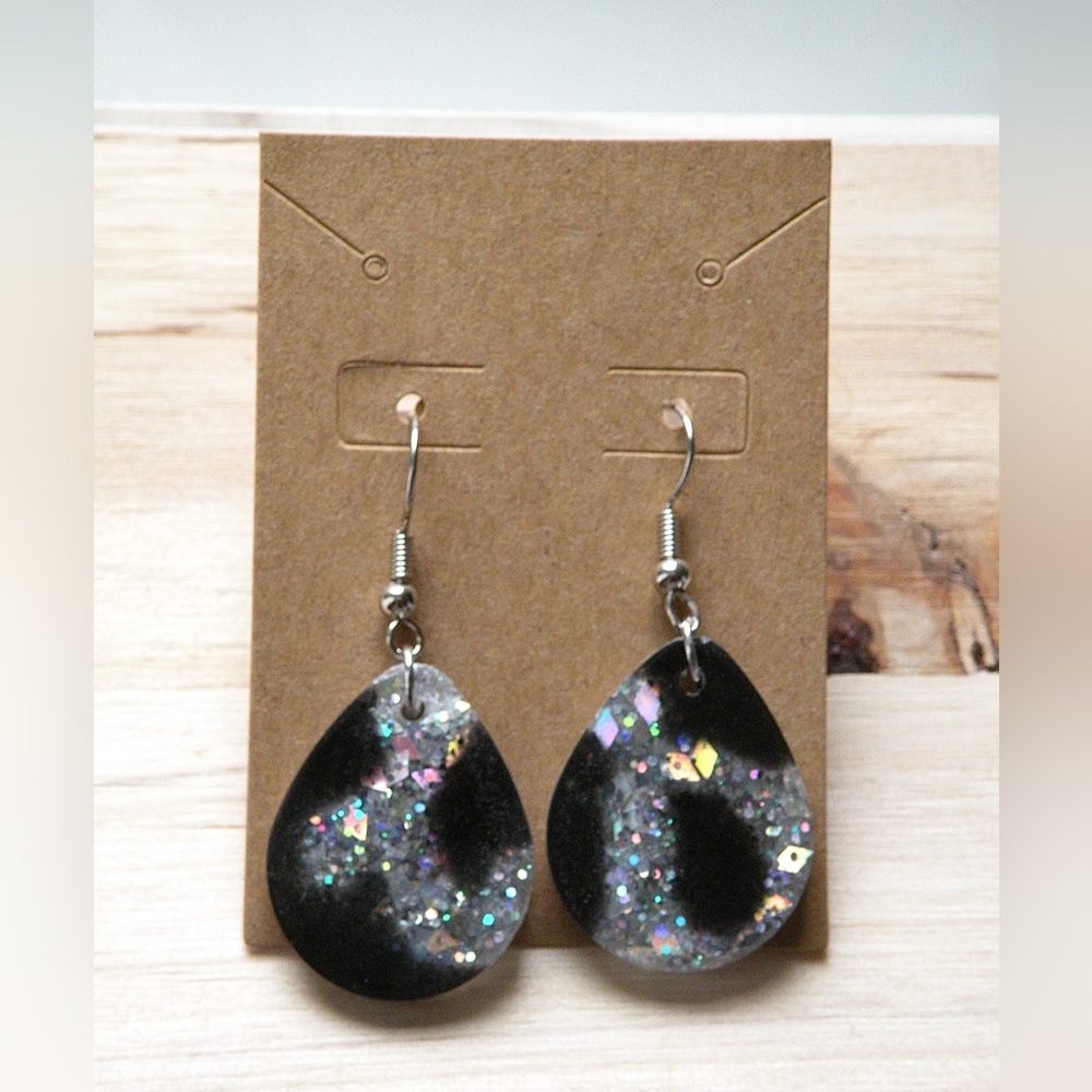 Handmade resin Cowprint teardrop earrings